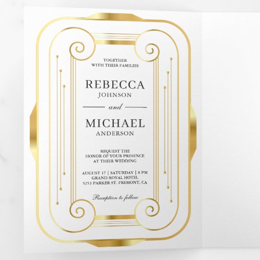 Wit en Gouden Folie Art Deco Fotocollage Bruiloft Drieluik Uitnodiging (Binnenzijde eerst)