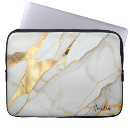 Wit en Gouden Folie Marmeren Agaat Laptop Sleeve