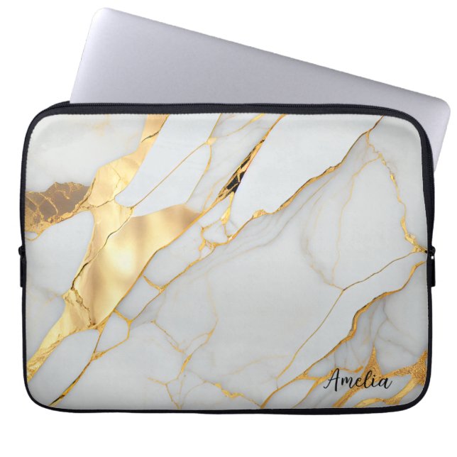 Wit en Gouden Folie Marmeren Agaat Laptop Sleeve (Voorkant)
