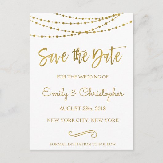 Wit en Gouden Folie sparen de Datum Aankondigingskaart (Voorkant)