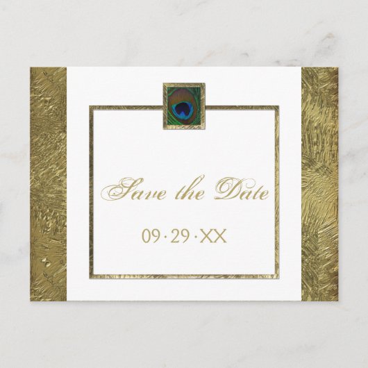Wit en Gouden Peacock Feather Save the Date Kaart (Voorkant)