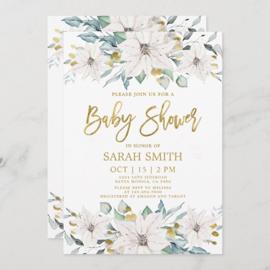 Wit en gouden punsettia Kerstmis Baby shower Kaart (Voorkant / Achterkant)