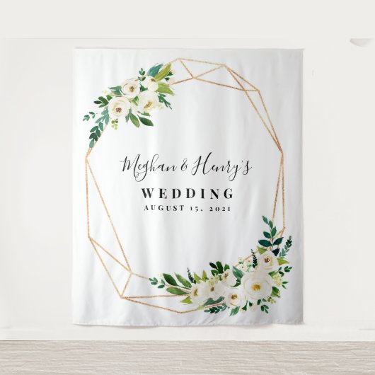 Wit en gouden trouwachtergrond, fotohokje-accessoi wandkleed (Voorkant)