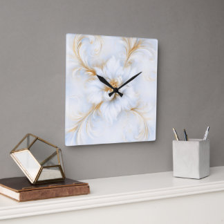 Wit en gouden waterverf abstracte bloem vierkante klok