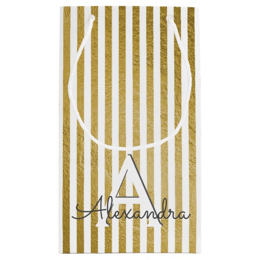 Wit en Goudfolie Gestreept Monogram & Initiaal Klein Cadeauzakje (Achterkant)