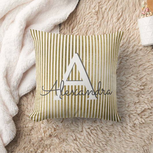 Wit en Goudfolie Gestreept Monogram & Initiaal Kussen (Deken)