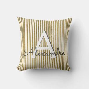 Wit en Goudfolie Gestreept Monogram & Initiaal Kussen