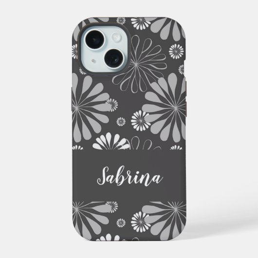 Wit en grijs bloemmotief iPhone 15 case (Achterkant)