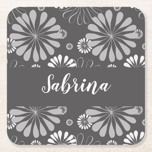 Wit en grijs bloemmotief kartonnen onderzetters (Voorkant)