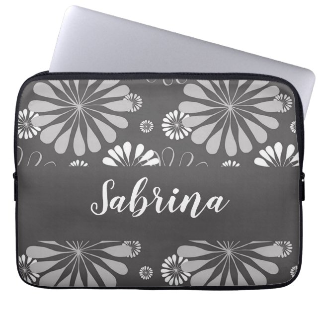 Wit en grijs bloemmotief laptop sleeve (Voorkant)