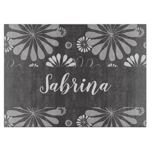 Wit en grijs bloemmotief snijplank (Voorkant)