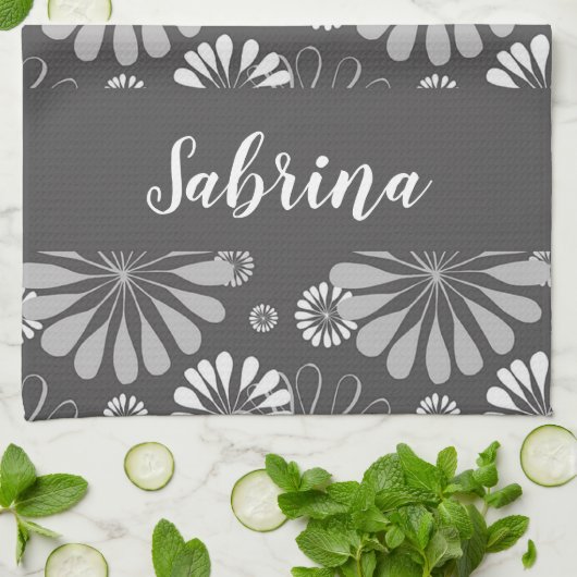 Wit en grijs bloemmotief theedoek (Gevouwen)