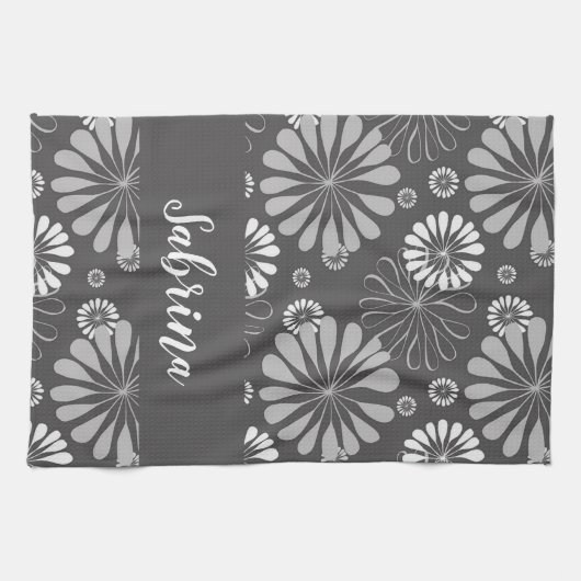 Wit en grijs bloemmotief theedoek (Horizontaal)