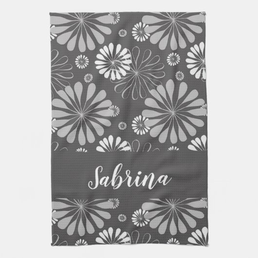 Wit en grijs bloemmotief theedoek (Verticaal)