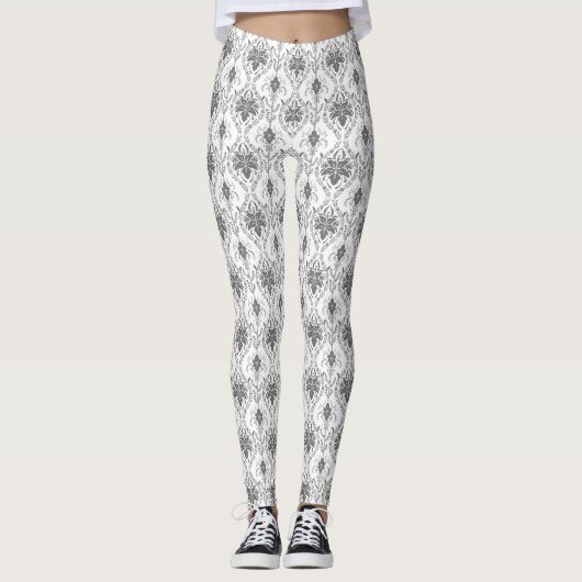 Wit en grijs Damask openwerkpatroon Leggings (Voorkant)