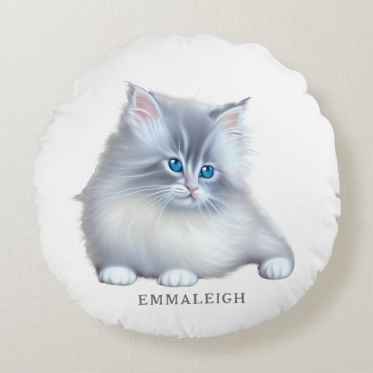 Wit en Grijs Fluffy Furry Kitten Rond Kussen (Voorkant)