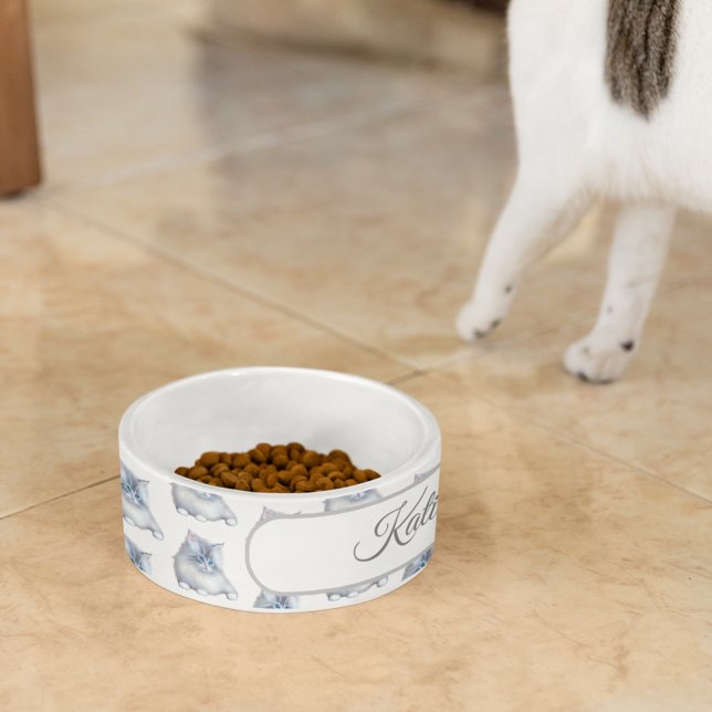 Wit en Grijs Fluffy Furry Kitten Voerbakje (Creator heeft geüpload)