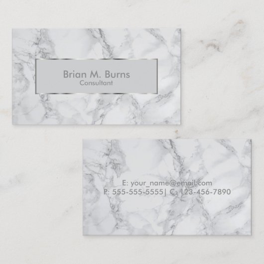 Wit en grijs marmer en metallisch zilverontwerp visitekaartje (Voorkant / Achterkant)
