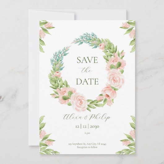 Wit en Groen Aquarel Save the Date Kaart (Voorkant)