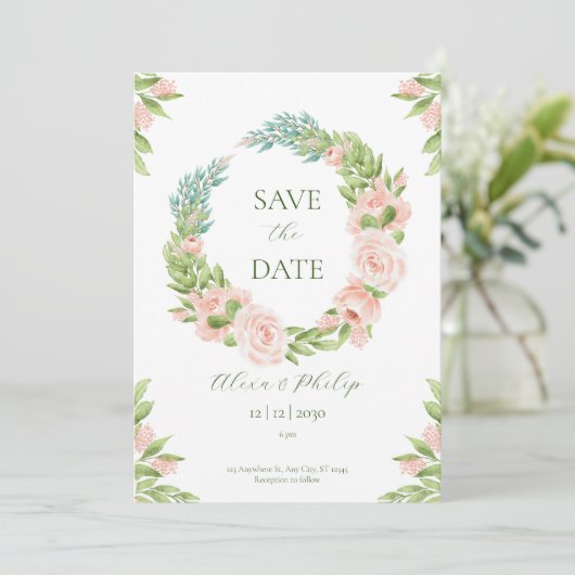 Wit en Groen Aquarel Save the Date Kaart (Staand voorkant)