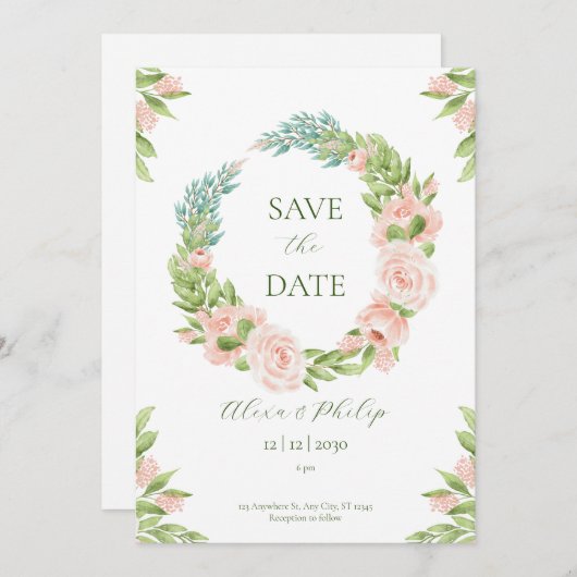 Wit en Groen Aquarel Save the Date Kaart (Voorkant / Achterkant)