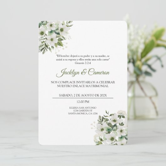 Wit en groen Bloemen Spaans Bruiloft Uitnodiging (Staand voorkant)