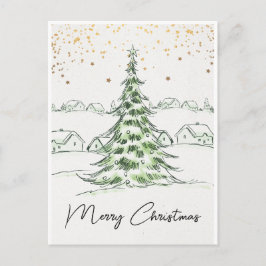 Wit en Groen Handgetekende Schattige Prettig Kerst Briefkaart