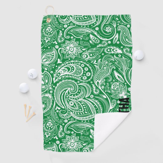 Wit en groen paisley patroonmonogram golfhanddoek (Insitu)
