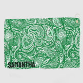 Wit en groen paisley patroonmonogram golfhanddoek (Horizontaal)