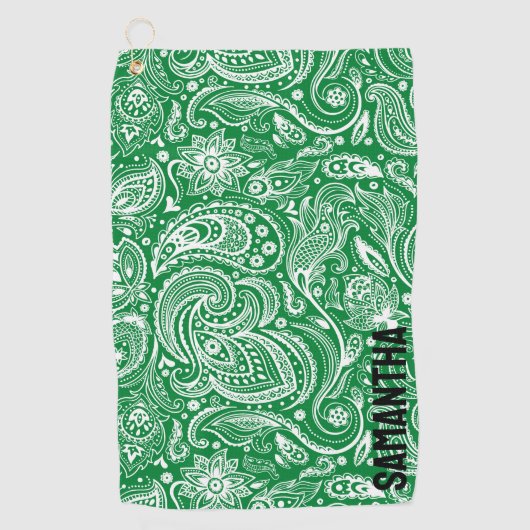 Wit en groen paisley patroonmonogram golfhanddoek (Voorkant)