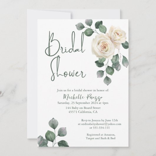 Wit en Groen Roos Bruidsdouche Uitnodiging (Voorkant)