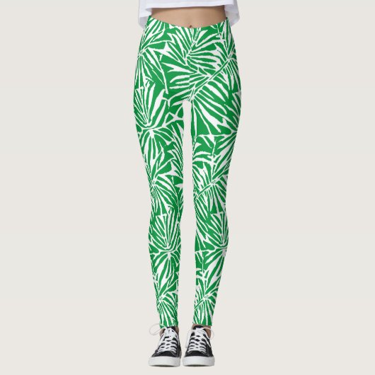 Wit en groen tropisch blad herhalend patroon leggings (Voorkant)