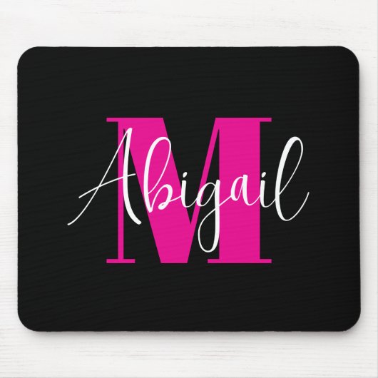 Wit en heet roze modern monogram zwart muismat (Voorkant)