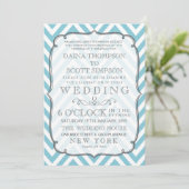 Wit en Hemelblauw Chevron Stripes Wedding Kaart (Staand voorkant)