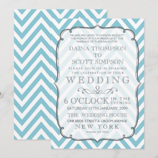 Wit en Hemelblauw Chevron Stripes Wedding Kaart (Voorkant / Achterkant)