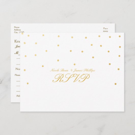 Wit en Klein Gold Confetti RSVP Weddenschap Briefk Uitnodiging Briefkaart (Voorkant / Achterkant)