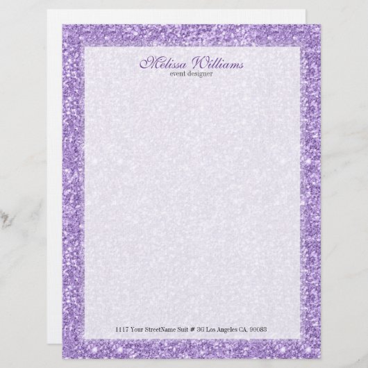 Wit en lavender Paarse glitter textuur Custom Briefhoofd (Voorkant / Achterkant)