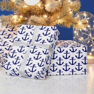 Wit en marineblauw ankerpatroon cadeaupapier