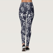 Wit en marineblauw bamboe bladeren Japans patroon Leggings (Achterkant)