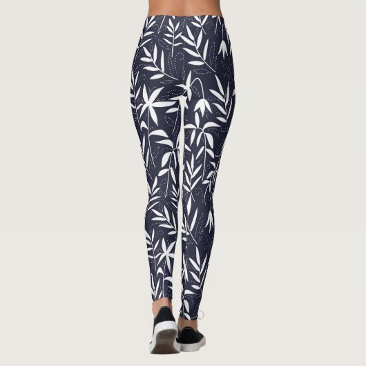 Wit en marineblauw bamboe bladeren Japans patroon Leggings (Achterkant)