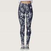 Wit en marineblauw bamboe bladeren Japans patroon Leggings (Voorkant)