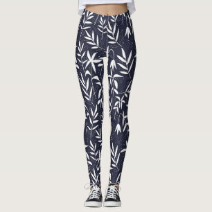 Wit en marineblauw bamboe bladeren Japans patroon Leggings