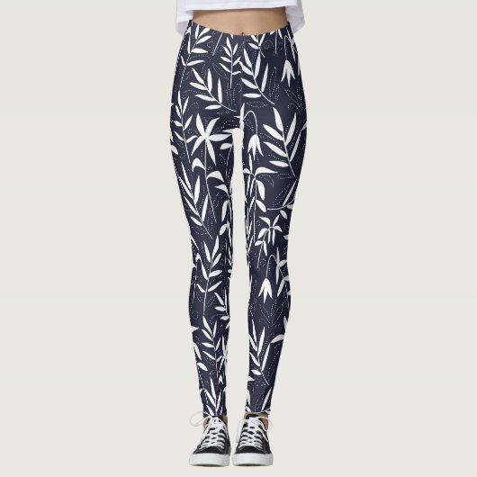 Wit en marineblauw bamboe bladeren Japans patroon Leggings (Voorkant)