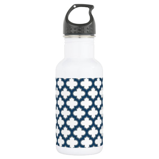 Wit en marineblauw traliewerk, rooster, vierpas waterfles (Voorkant)