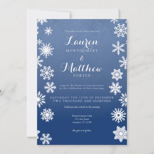 Wit en marinewintersnowflake bruiloft kaart (Voorkant)