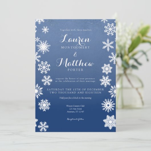 Wit en marinewintersnowflake bruiloft kaart (Staand voorkant)