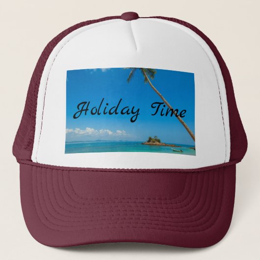 Wit en Maroon Vakantietijd Tekst met Strand Trucker Pet (Voorkant)