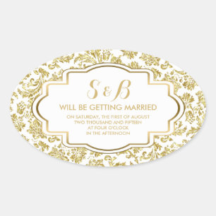 Wit en Metallic Goud Bloemen Damasks 3a Patroon Ovale Sticker