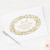 Wit en Metallic Goud Bloemen Damasks 3a Patroon Ovale Sticker (Envelop)