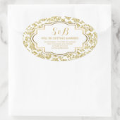 Wit en Metallic Goud Bloemen Damasks 3a Patroon Ovale Sticker (Tas)